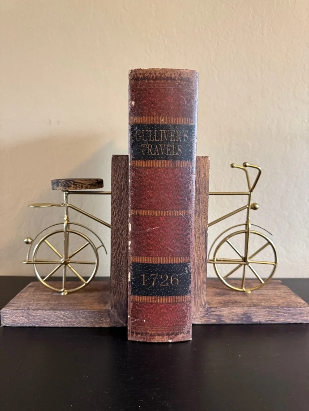 Vintage inspired Gold Metal Bicycle Bookends with Rustic Wood Base - Pair